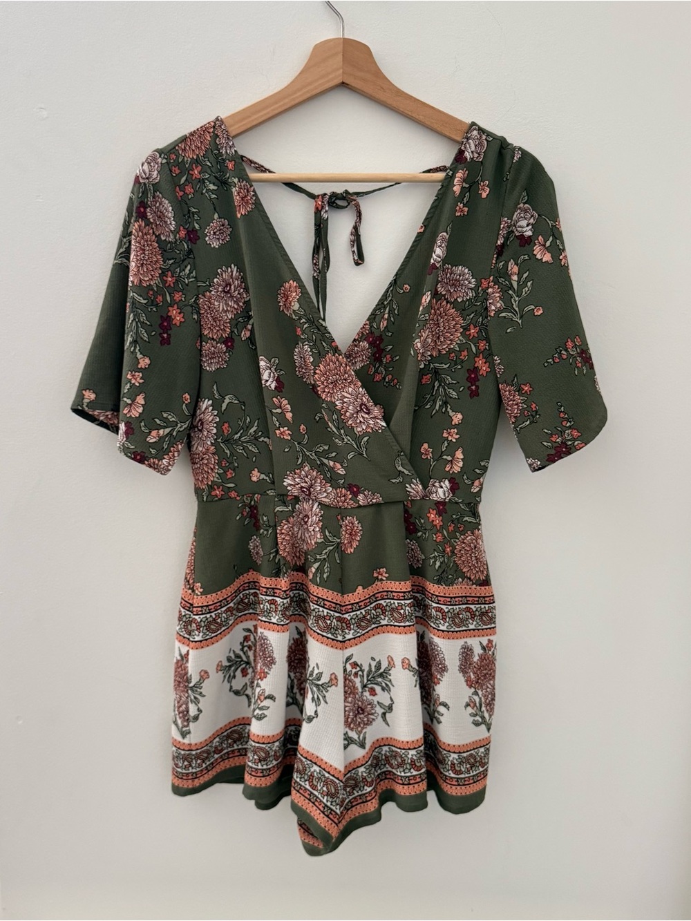Blue Rain Olive Green Floral Wrap Romper S Francesca’s Boutique